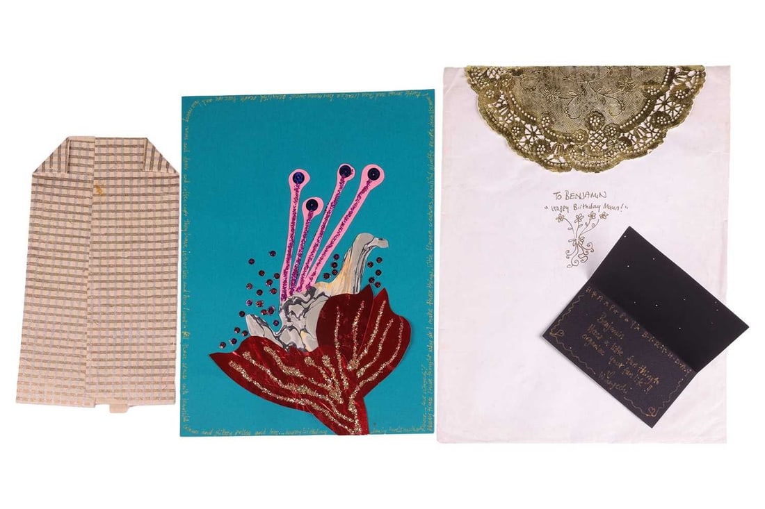 Wangechi Mutu (Kenyan b.1972) Two handmade birthday cards from the artist to fashion designer, (1 of 3)