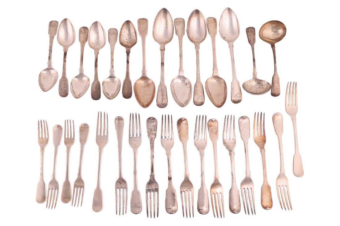 A fiddle pattern part canteen, comprising: twelve table forks, six London 1825 by William Bennett,: A fiddle pattern part canteen, comprising: twelve table forks, six London 1825 by William Bennett, six London 1826 by William M Traies; London 1825, four dessert forks, six tablespoons London 1825 by