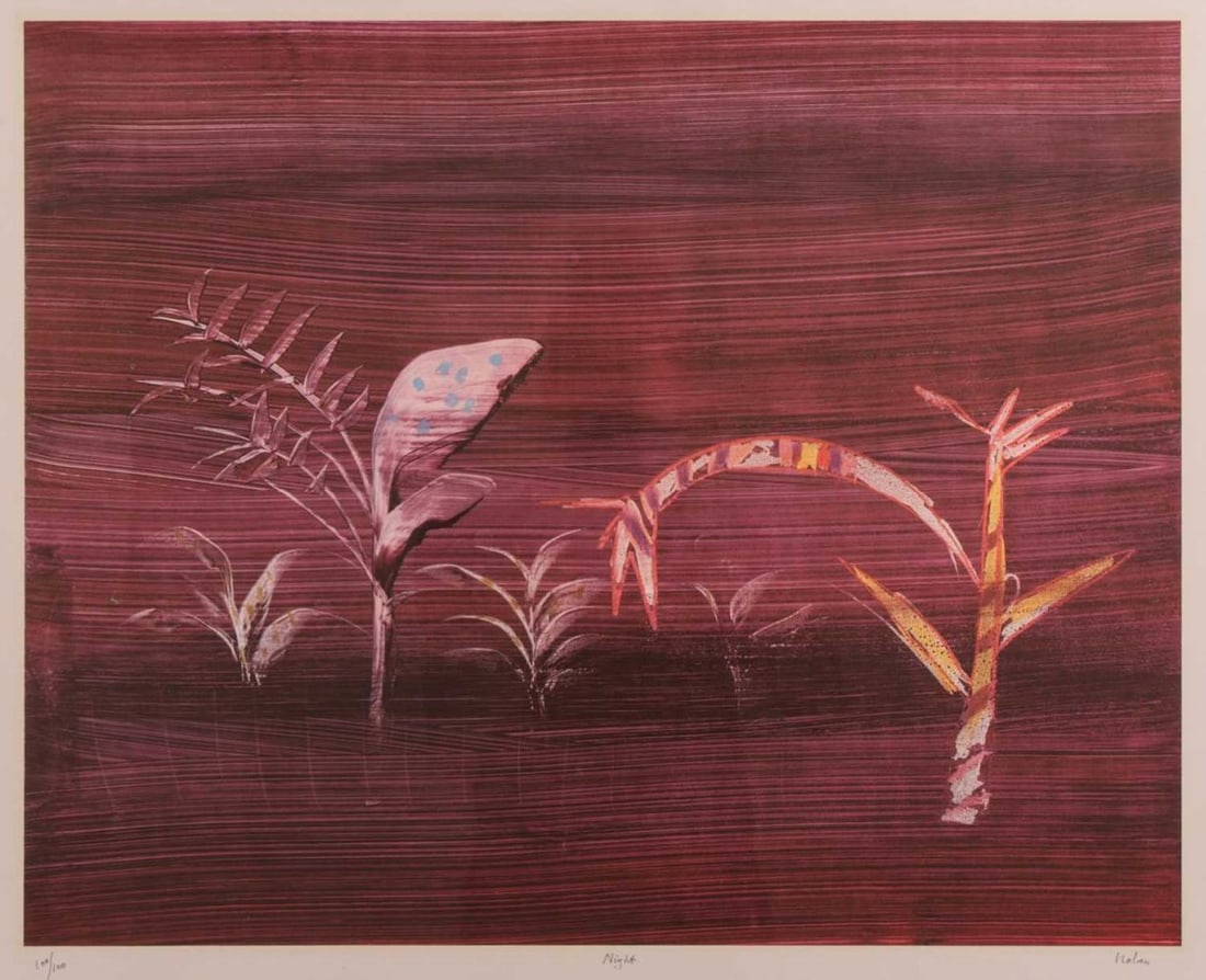 † Sidney Nolan (Australian 1917-1992), Night, signed, titled and numbered '100/100' in pencil,: † Sidney Nolan (Australian 1917-1992), Night, signed, titled and numbered '100/100' in pencil, screenprint in colours, 1982, image 54.5 x 68 cm, framed and glazed 67.5 x 79 cm