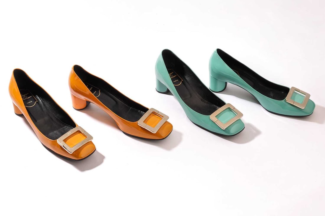 Roger Vivier - a pair of block heel pumps in aqua patent leather (size 39); another pair in orange p (1 of 4)