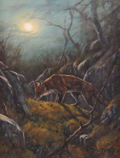 John Trickett (British b.1952) Moonlit Fox signed John Trickett (lower right) oil on canvas 46 x 36: John Trickett (British b.1952) Moonlit Fox signed John Trickett (lower right) oil on canvas 46 x 36 cm, framed 65 x 54 cm We are grateful to Sally Mitchell Fine Art for their kind assistance in catalo