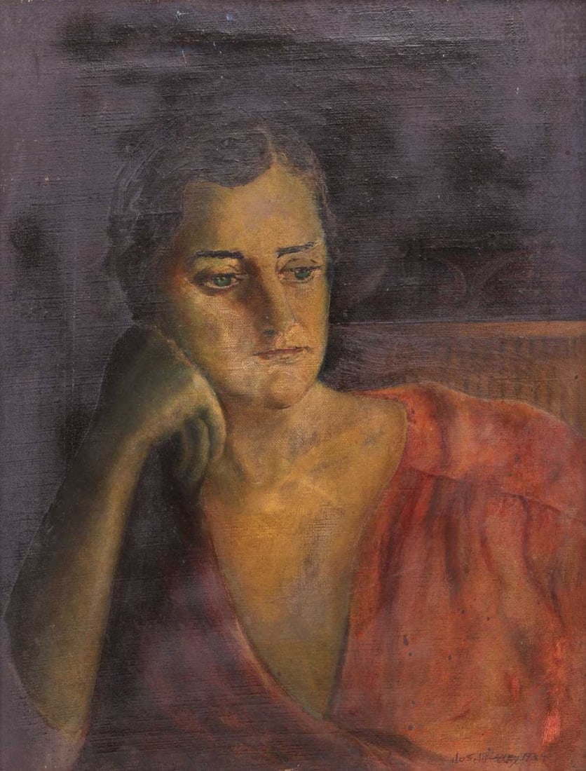 Joseph Delaney (American 1904 1981) Portrait of Olivia Wyndham signed and indistinctly dated Jos: Joseph Delaney (American 1904 1981) Portrait of Olivia Wyndham signed and indistinctly dated Jos Delaney 34? (lower left) and bears signature and date (lower right) oil on canvas 66 x 51 cm, framed 68