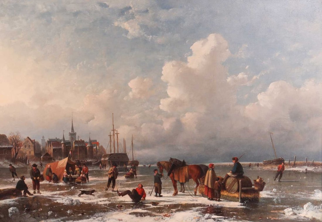 Louis Smets (Dutch 1840 1896) Winter Landscape with Frozen Pond and Skaters signed L Smets (lower (1 of 5)