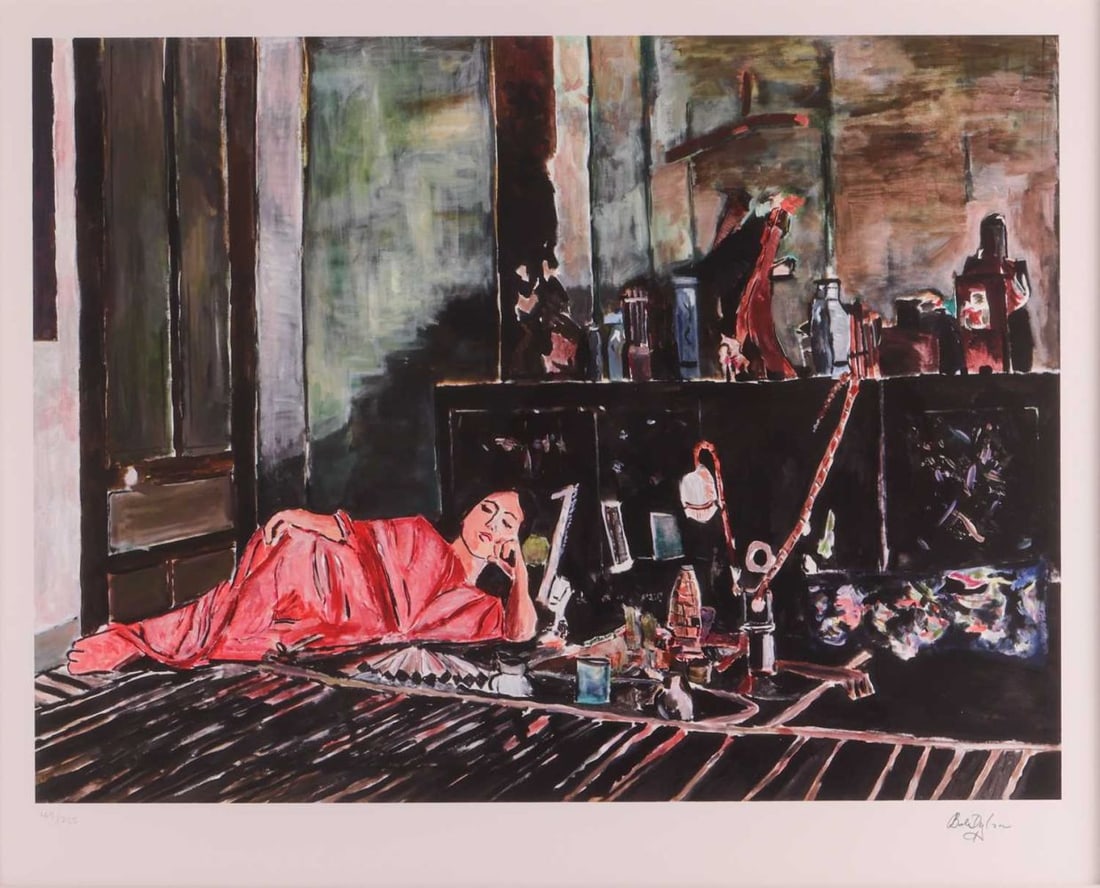 Bob Dylan (American, b.1941) Opium (2021) signed and numbered 169/295 in pencil giclee print from: Bob Dylan (American, b.1941) Opium (2021) signed and numbered 169/295 in pencil giclee print from The Asia Series image 45.5 x 61 cm, sheet 67.2 x 76.2 cm, framed and glazed 79.5 x 89 cm This lot is a
