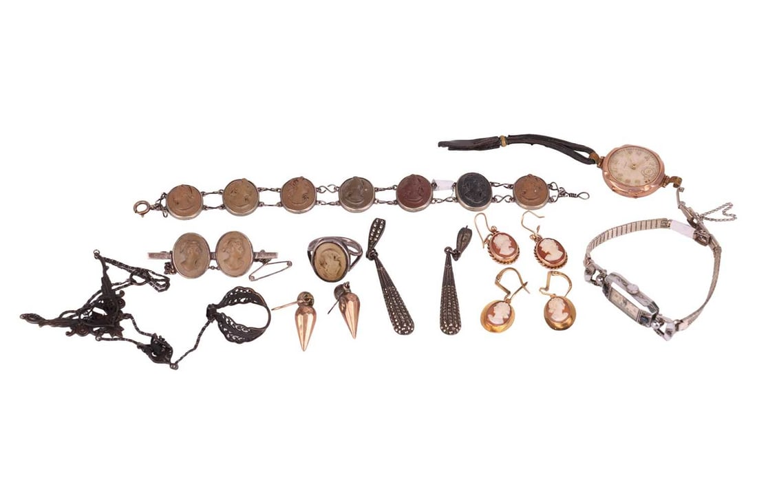 A group lot of cameo jewellery and others to include; a lava stone cameo bracelet, brooch and ring s (1 of 4)