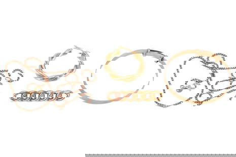 A small group of gold jewellery items; to include a single hoop earring in 18ct gold, a christening: A small group of gold jewellery items; to include a single hoop earring in 18ct gold, a christening bangle with engine-turned patterns in 9ct gold, a 15ct gold bar brooch, and a broken box link chain