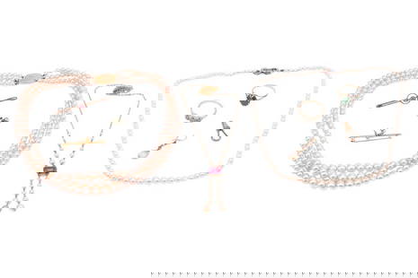 A small group of jewellery items; to include a three-row faux pearl necklace, a faux pearl and purpl: A small group of jewellery items; to include a three-row faux pearl necklace, a faux pearl and purple paste negligee necklace, a single strand cultured pearl necklace, a single moonstone earring, a zi