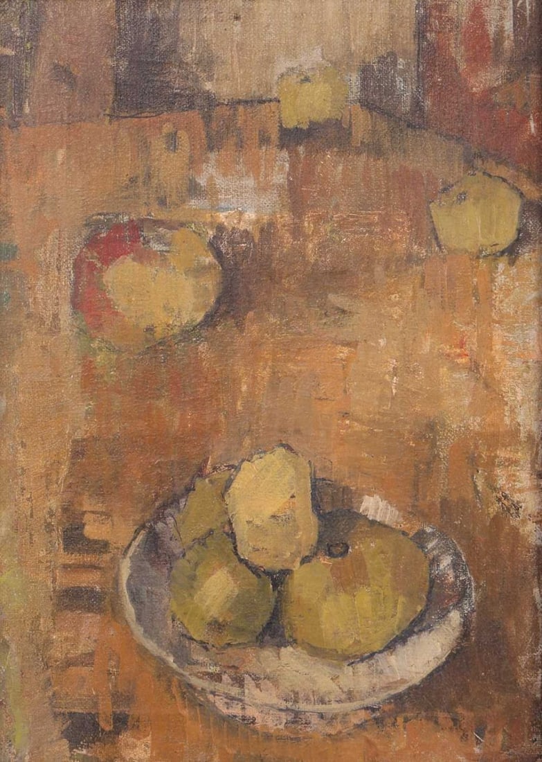 Euan Uglow (British 19322000) Still Life of Apples signed and dedicated TO MARTH AND BOB/WISHING: Euan Uglow (British 19322000) Still Life of Apples signed and dedicated TO MARTH AND BOB/WISHING THEM MANY/HAPPY YEARS TOGETHER/EUAN (verso) oil on canvas 35.5 x 25 cm, framed 51.5 x 42 cm Provenance: