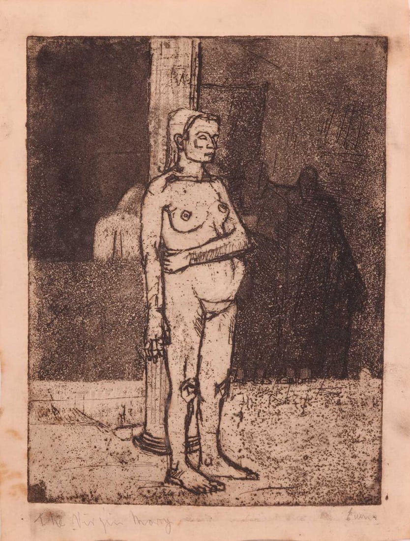 Euan Uglow (British 19322000) The Virgin Mary signed and titled in pencil etching and aquatint plate: Euan Uglow (British 19322000) The Virgin Mary signed and titled in pencil etching and aquatint plate 20.3 x 15.4 cm, sheet 23.5 x 17.5 cm In a folder inscribed in pen, To Marthe Mauren Garie Bab and b