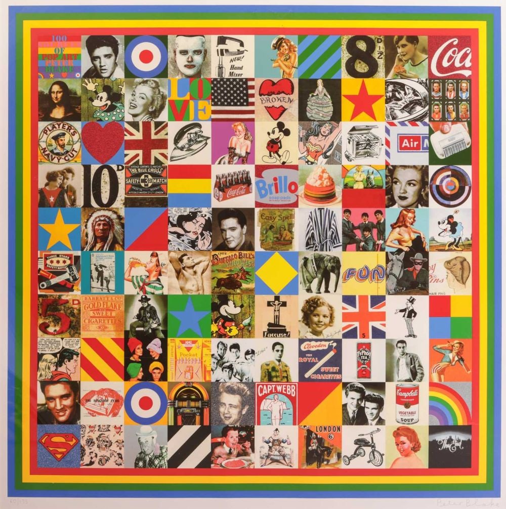 Sir Peter Blake (British b.1932) 100 Sources of Pop Art signed and number in pencil, 60/175: Sir Peter Blake (British b.1932) 100 Sources of Pop Art signed and number in pencil, 60/175 silkscreen image 114 x 114 cm, framed and glazed 128 x 127 cm