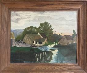 19TH CENTURY AMERICAN FOLK ART PAINTING FARM SCENE,Oil on Canvas Signed ,measures 15.5x19.5 inches (1 of 3)