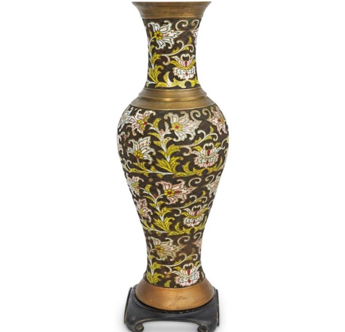 An antique chinese cloisonne enamel bronze vase depicting carved floral motifs embellished with (1 of 2)