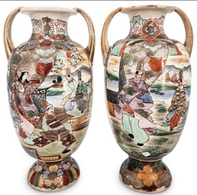 (2 Pc) Pair of Japanese Satsuma porcelain handled baluster vases flanked by lateral handles. With