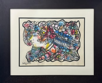 Rene Portocarrero (Cuban,1912-1985) Gouache on paper painting titled "Flora"depicting an ornamented