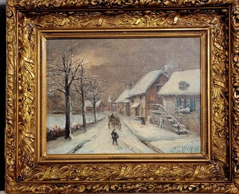 Winter village scene,oil on canvas,signed lower rigth,"Wolf,size:10.5"h x13.5"w, come with frame