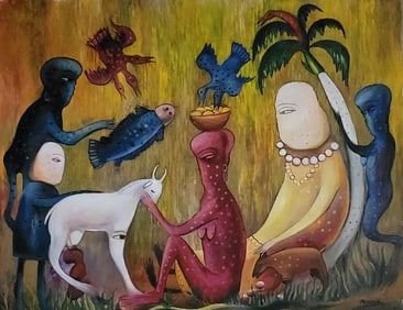 Manuel Mendive,is a Cuban Painter,Mendive, appears in the Lower Right of the painting. Rendered in