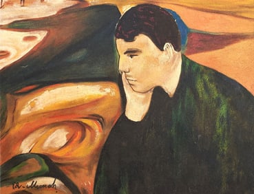 Edvard Munch appears in the lower left of the painting. Rendered in the style of Edvard Munch .was a