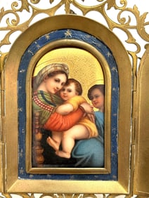 Antique 19th Century Virgin Mary Madonna with Child Hand Painted Porcelain Plaque in Religious Brass