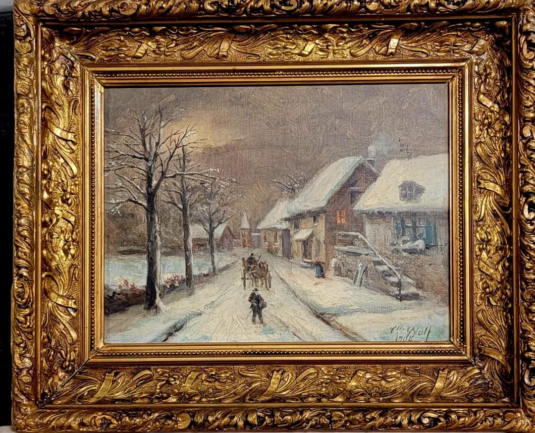 Winter village scene,oil on canvas,signed lower rigth,"Wolf,size:10.5"h x13.5"w, come with frame (1 of 3)