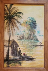 Yamba Moise, 1961,Large and Rare African .Set deep in the heart of the Asian countryside, this scene