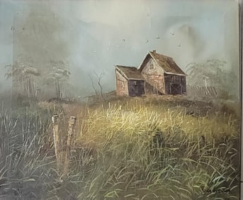 Stan Robinson, 1927 – 1999. His uni-directional brush stroke over a roughly textured canvas is his