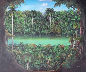Armando Mejias (Cuban, born 1963). Monumental tropical jungle oil painting on canvas. A true