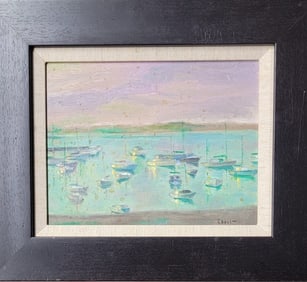 Charles Henry Ebert, American, 1873 to 1959, an oil on wood  Old Lyme Harbor, 1959. Signed by the