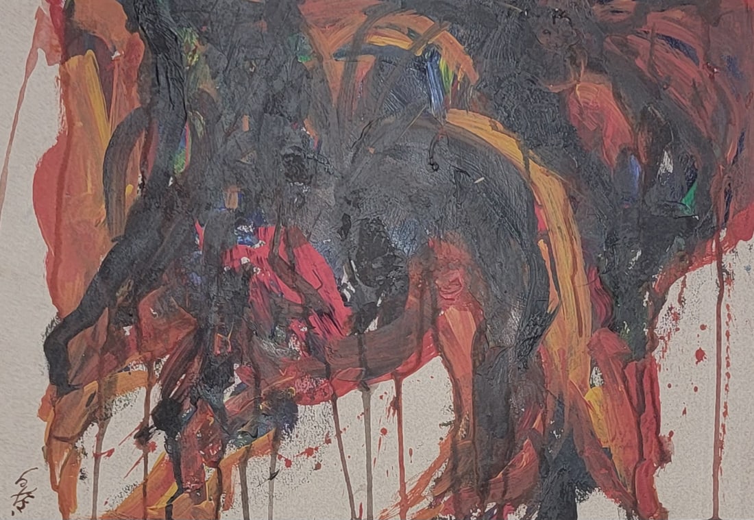 Kazuo Shiraga, a Japanese artist, created abstract paintings using his feet and explored themes of: Kazuo Shiraga, a Japanese artist, created abstract paintings using his feet and explored themes of violence, beauty, and masculinity.Private Collector,Acrylic on Paper,size:12”h x 17”w,com
