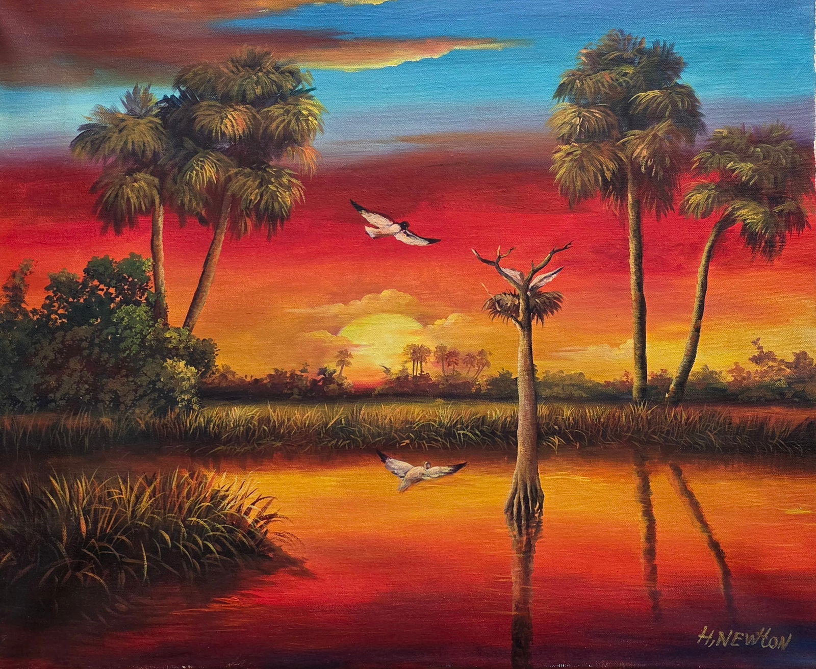 Harold Newton (1934 - 1994) is an American landscape artist from Gifford, Florida and one of the ori: Harold Newton (1934 - 1994) is an American landscape artist from Gifford, Florida and one of the original 26 Florida Highwaymen.Private Collector,Oil on Canvas,size(20”h x24”w ,come with f