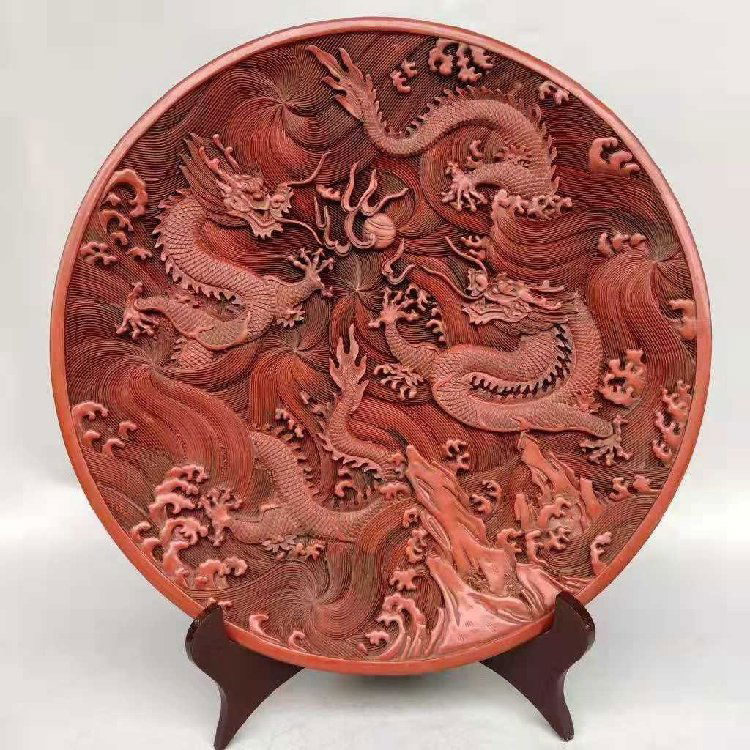 Red Lacquerware Appreciation Plate Carved Screen of Shu (1 of 6)