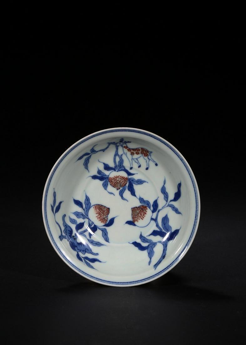CHINESE BLUE AND WHITE RED GLAZED 'PEACH DISH (1 of 6)