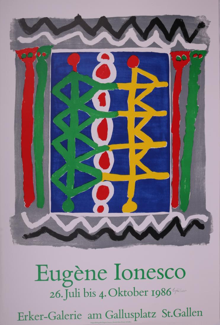 Cartel para la exposición de la Galería Erker de 1986.: Eugène Ionesco (Slatina, 1912 - París, 1994). Firmado a lápiz. 88 x 59 cm