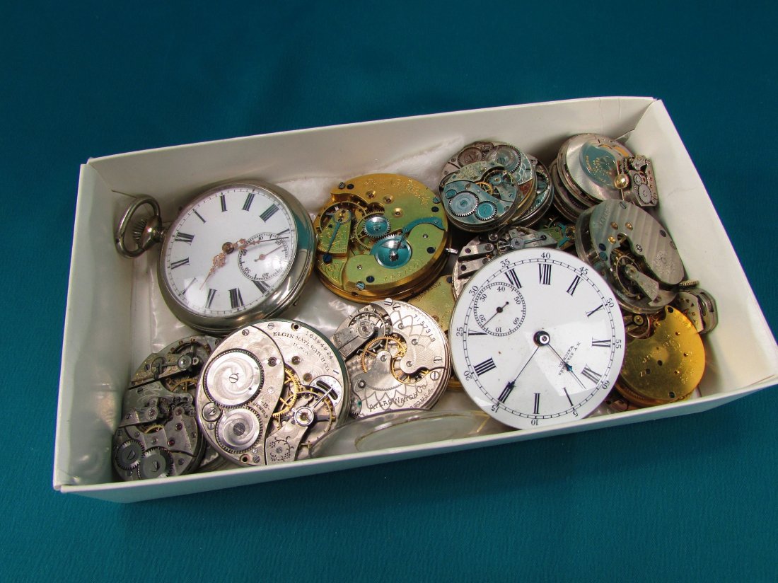 19th 20th Cent. Pocket Watch Parts Box Lot 25 Pieces: 19th 20th Cent. Pocket Watch Parts Box Lot Grouping. 25 pieces as is condition. For repairs or parts, all different makes and models .