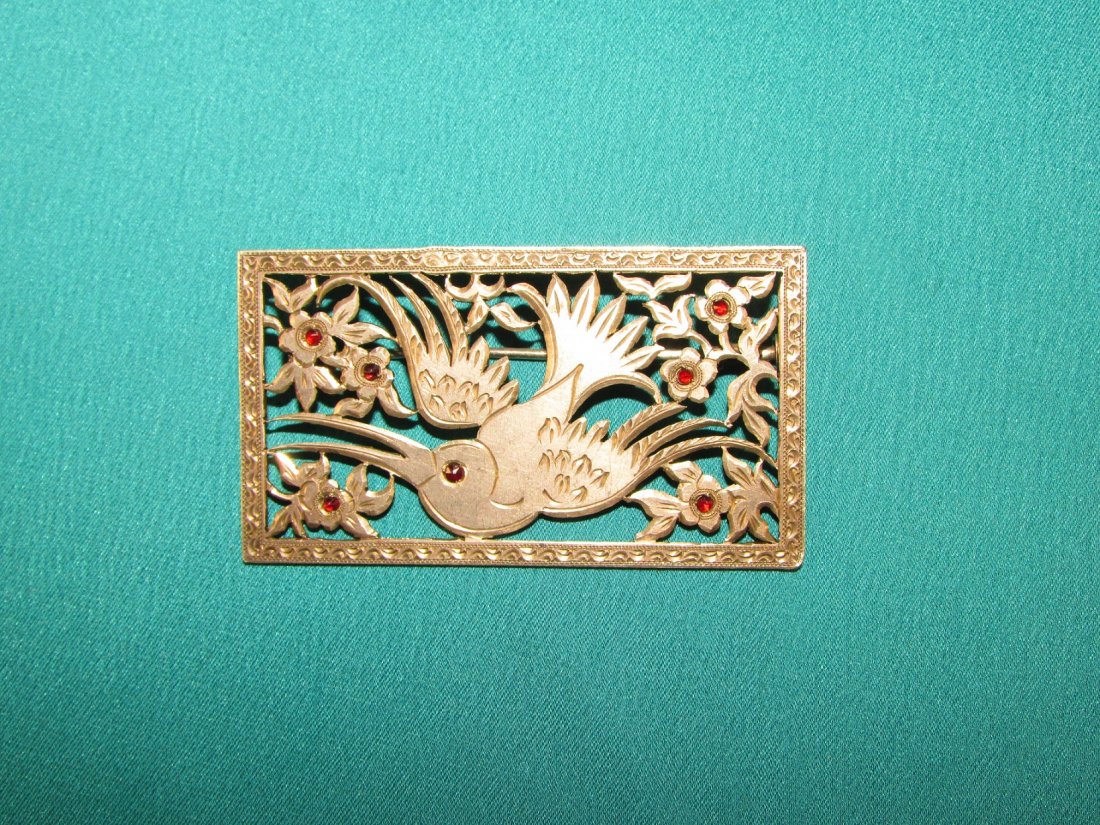 Imperial Russian Garnet Brooch .84 Silver Open Cut Work: 19th century Imperial Russian Garnet Brooch .84 Silver Open Cut Work. Old cut garnets with floral motifs and humming bird. Hallmarked .84 Silver with a maker hallmark in Cyrillic,Clasp locking mechani