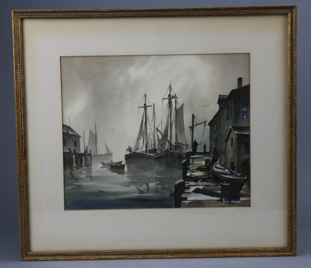 John Cuthbert Hare (1908-1978) "Harbor Fog, Cape Cod": Watercolor. Overall dimensions 16 x 17.75", sight size 10" x 12". Very good condition, not examined out of frame.