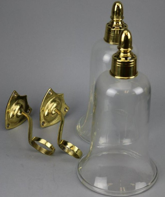 Pair Federal Brass Wall Sconces Shield Mount: Fine Pair Hurricane Shades, Blown glass , tooled lip. Shades measure 12.75" in height x 6.75" across. Very good condition.