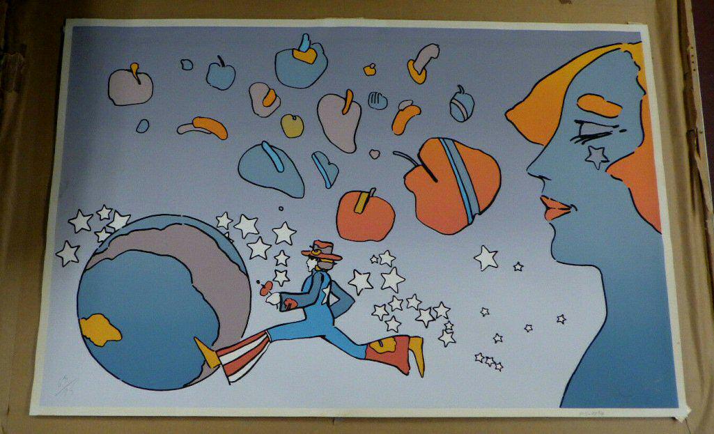 "The Jumper" signed Peter Max Seriagraph 1975 63/75: Here is a print that was framed but the frame is not included nor is the mat, and it will be shipped rolled. Some of the photos show print in the frame and some out. There is some tape residue on the