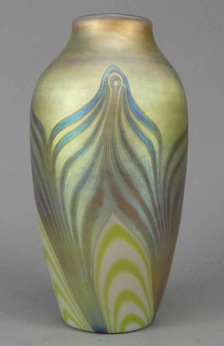 Steuben Aurene Pulled Feather Vase Paper Label Carder: Beautiful vase etch signed "Aurene 583", paper label "Steuben Glass Works Corning NY 583 $10.00" Excellent condition. Measures approx 7.5" in. H v 4" in. W.