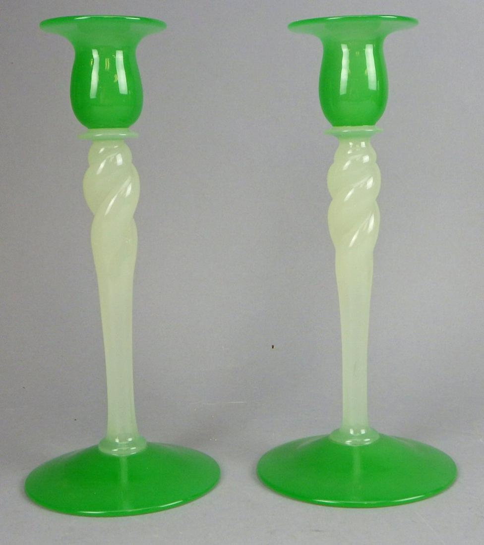Pr. Jade Green Alabaster Steuben Candlesticks Signed: Very clean pair of Carder Era Steuben candlesticks. Measure 10" in height. Signed.