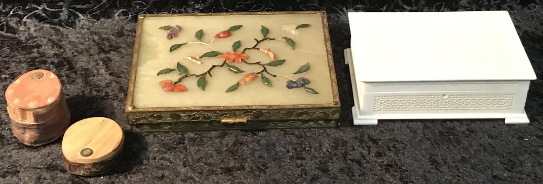 4 Decorative Boxes Including Chinese: Four decorative boxes, including a Chinese hardstone example. Wear commensurate with age, including damage to stone inlay as shown. For dimensions, see photographs.