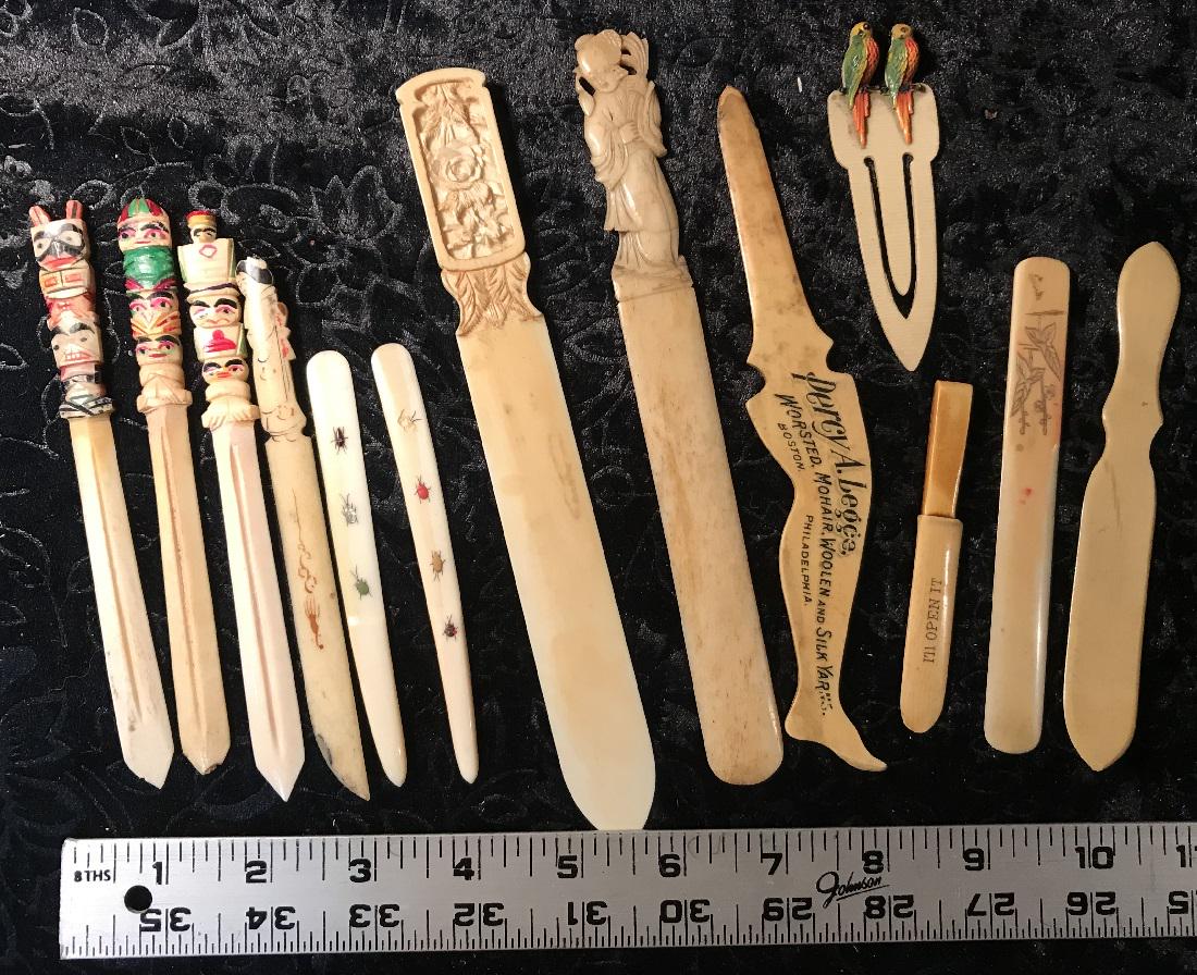 13 Carved Bone Letter Openers: Thirteen carved bone letter openers. Good condition with wear commensurate with age and use. For dimensions, see photographs.