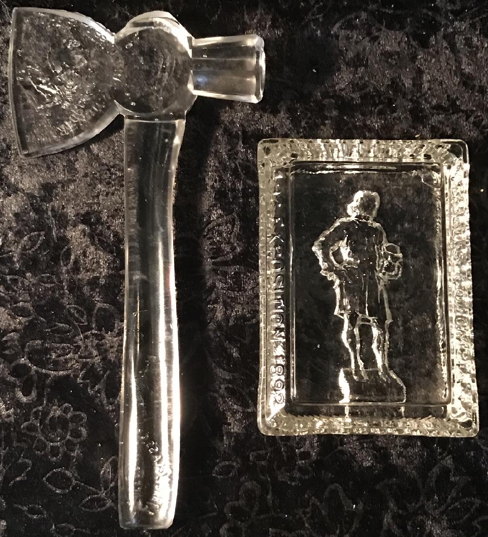 Libbey Columbus Paperweight & Axe 1893 World Fair: Libbey Columbus Paperweight & Axe 1893 World's Fair Paperweight is 4.5x3.25" and is imprinted with "1492 EXPOSITION 1892" and "WORLD's COLUMBIAN" Ax is " long and imprinted with "the father of his cou