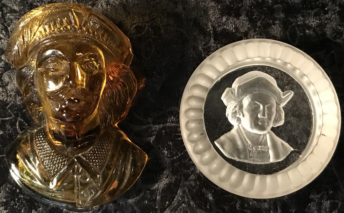 Amber Columbus Match Holder & Round Paperweight: Amber Columbus Match Holder & Round Paperweight Match holder is in lovely condition and about 4" tall The Paperweight is 3" round and I would say it is a Gillinder