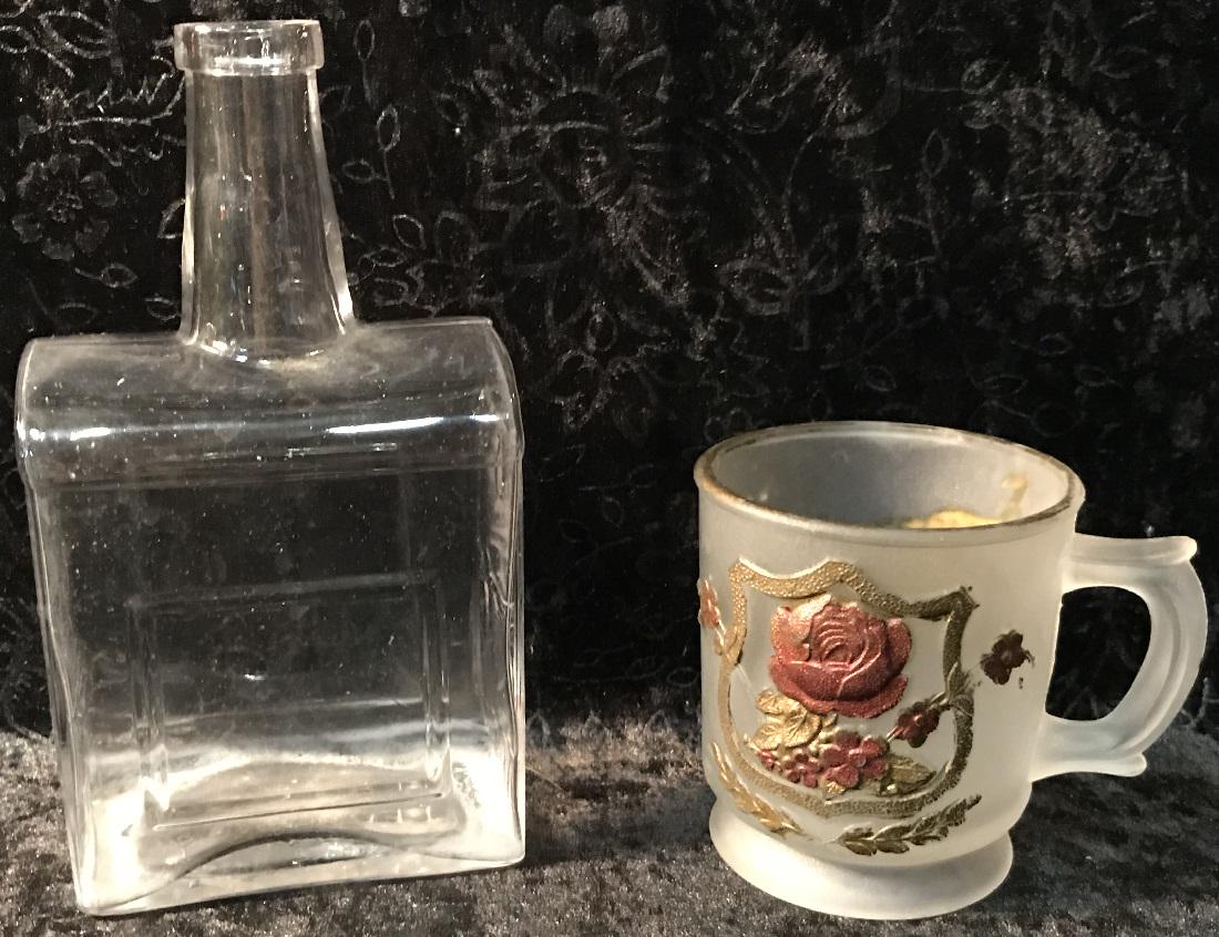 Camphor Glass Mug Tenn Rose Flag & US Mail Bottle: EAPG Champhor Glass No.102 Tennessee Mug Cherokee Rose-Flag & U.S Mail Bottle Some paint loss on cup but lovely Bottle marked Patd Dec 16 1891 Cup measures 3.5"x3" and bottle 7.25"x3.75"x2.5"