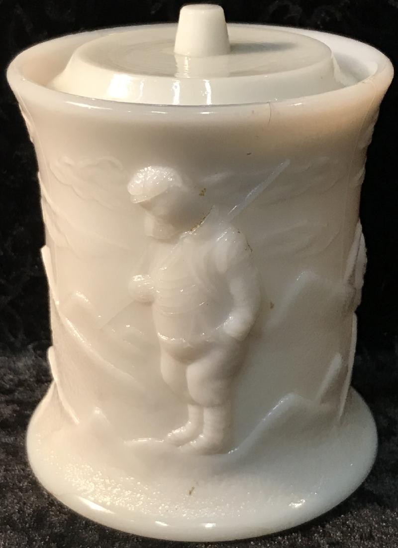 Three Bears Westmoreland Mustard Jar Milk Glass Lidded: Three Bears Westmoreland Mustard Jar Milk Glass #.75" Tall with a few small chips on lid--doesn't show when seated on jar Features 3 bears in a mountain setting hiking and enjoying their carefree live