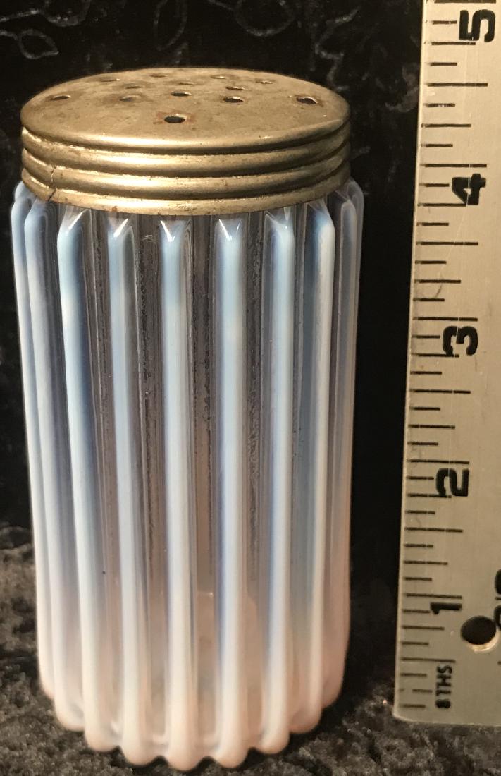 Beatty Rib Opalescent Glass Sugar Shaker: An A. J. Beatty & Sons "Beatty Rib" opalescent glass sugar shaker, c.1889. Good condition with wear and small breaks to the lid. For dimensions, see photographs.