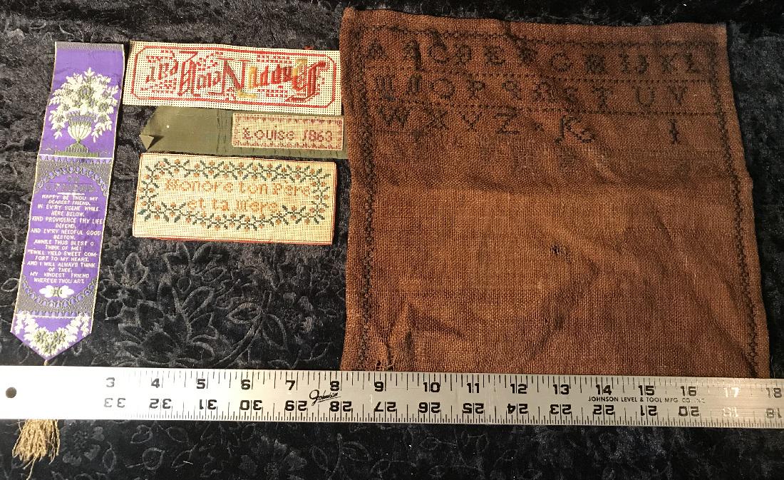 5 Pieces of Embroidery: Five pieces of embroidery, including an incomplete sampler. Good condition with wear commensurate with age. For dimensions, see photographs