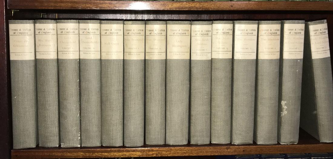 Beaux & Belles of England, 14 Volumes: "Beaux & Belles of England," fourteen volumes. Linen hardcover binding. Deluxe edition, No. 694 of 1,000. The Grolier Society, London. No publication date. Good condition with minor wear.