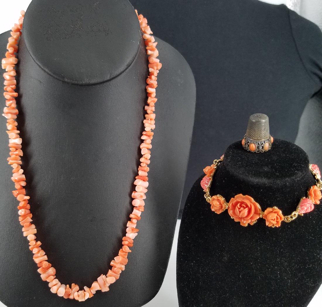 Coral Costume Necklace Bracelet Thimble Art Deco: Coral Costume Necklace Bracelet Thimble Art Deco