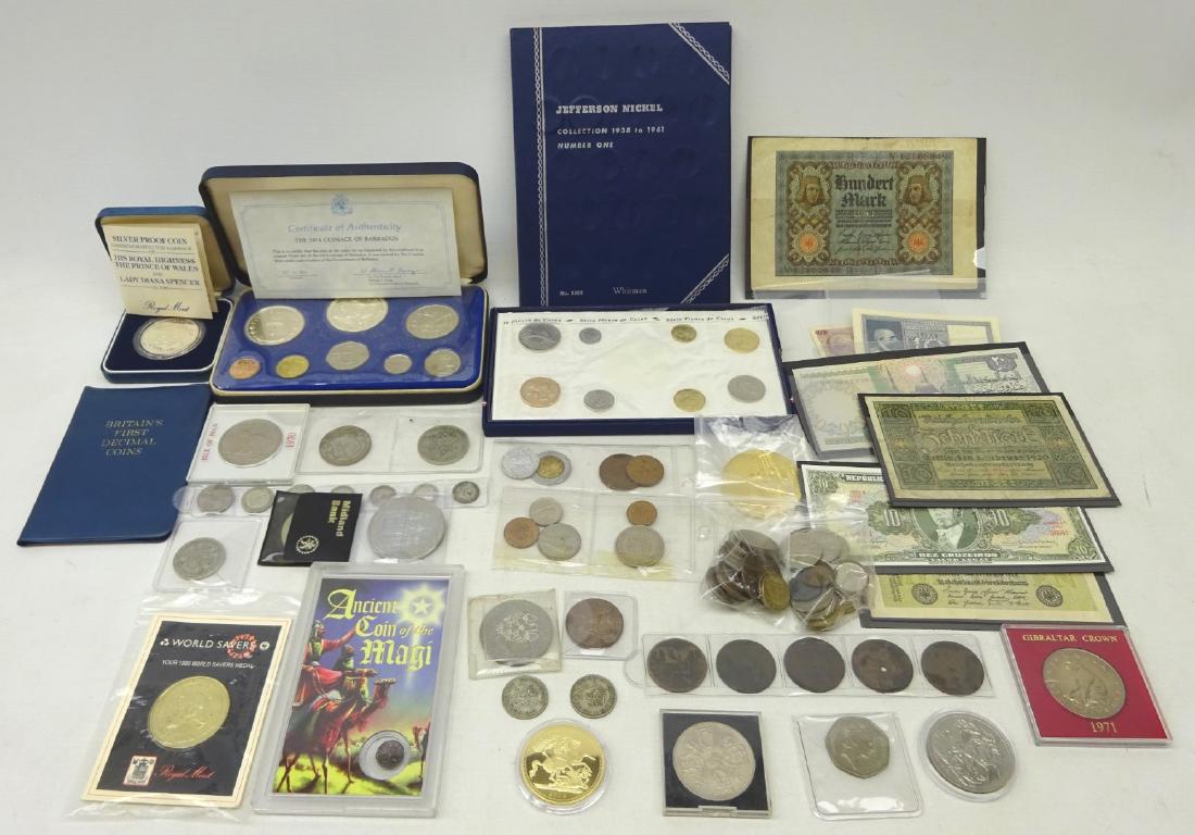 Collection of Great British and World coins including;: Collection of Great British and World coins including; 1974 'Coinage of Barbados', 1981 silver proof coin 'His Royal Highness The Prince of Wales and Lady Diana Spencer', both cased with certificates,